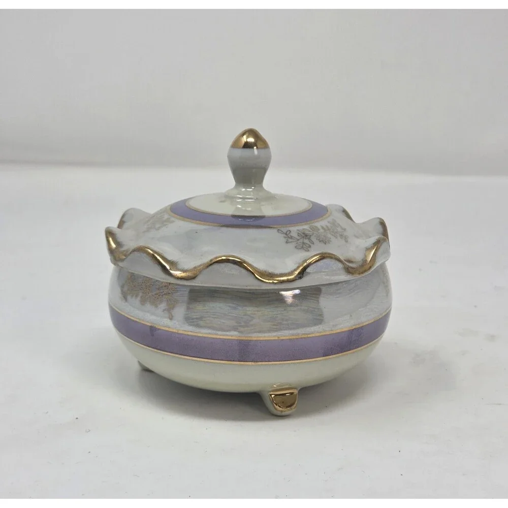 Diamond Fine China Korea Footed Trinket Box Lusterware Lavender‎ Gold Ruffle Lid